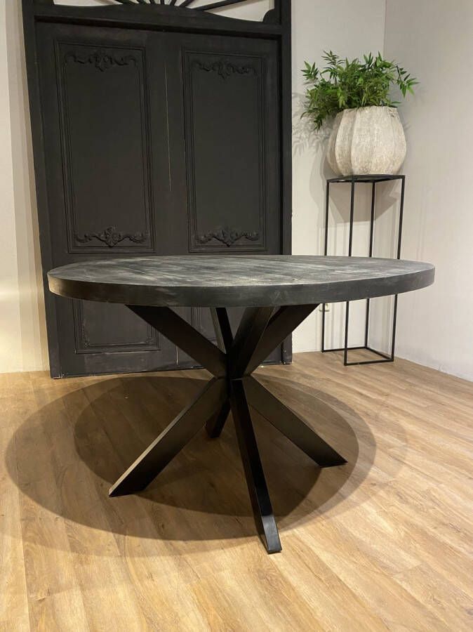 Ronde tafel met spinpoot 140 cm DIK BLAD zwart mango hout zandstraal zwart
