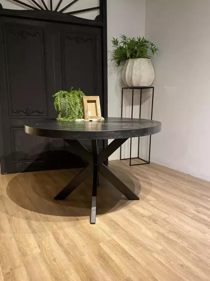 Ronde tafel met spinpoot 140 cm DIK BLAD zwart mango hout