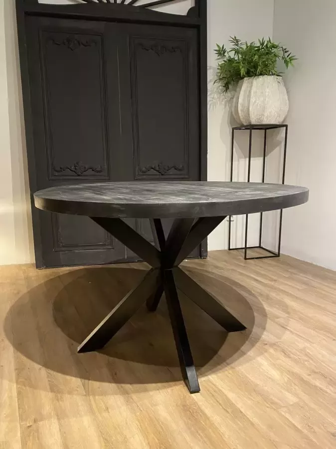 Ronde tafel met spinpoot 140 cm DIK BLAD zwart mango hout zandstraal zwart