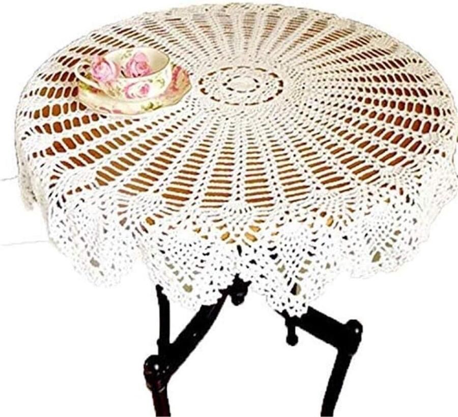 Ronde tafelkleden van katoen kant handgehaakt tafeldecoratie thuis bruiloft feest wit 90 cm