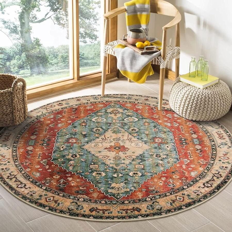 Ronde tapijten woonkamer 120 cm antislip vintage boho tapijt zachte machine wasbare groot area-tapijt niet pluizend vloerkleed