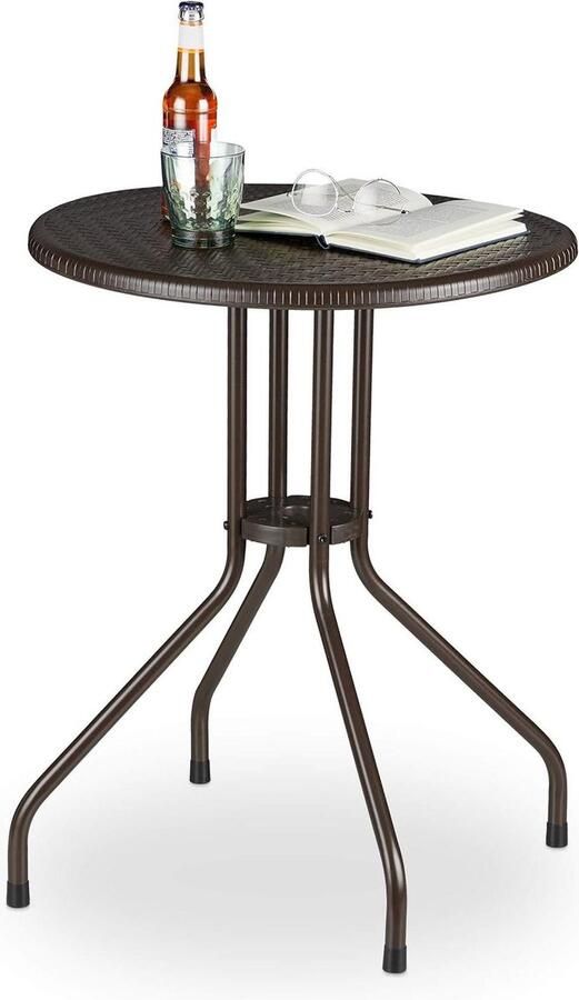 Ronde tuintafel rotan look balkontafel klein kunststof en metaal bistrotafel HxD: 74 x 60 cm bruin bijzettafel buiten