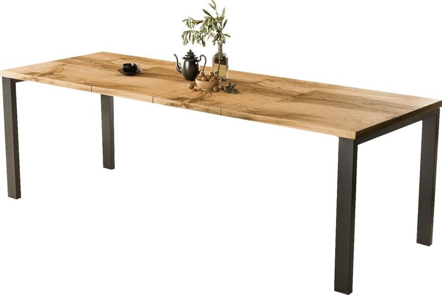 Ronde Uitschuifbare Eettafel – Ø 100-138 cm – Hout met Fineer – Industrieel Design – 4 Personen – Metalen Onderstel – Eettafel Uitschuifbaar Rond – Ø 110 cm – Ronde Eettafel Hout – Keukentafel – 76 cm Hoog – Scandinavisch & Industrieel