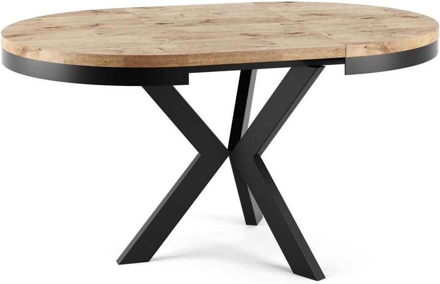 Ronde Uitschuifbare Eettafel – Natuurlijk Eiken – Ø100-138 cm – Industriële Eettafel voor 4-6 Personen – Houten Tafelblad met Metalen Onderstel – Moderne Uitschuifbare Eettafel Rond