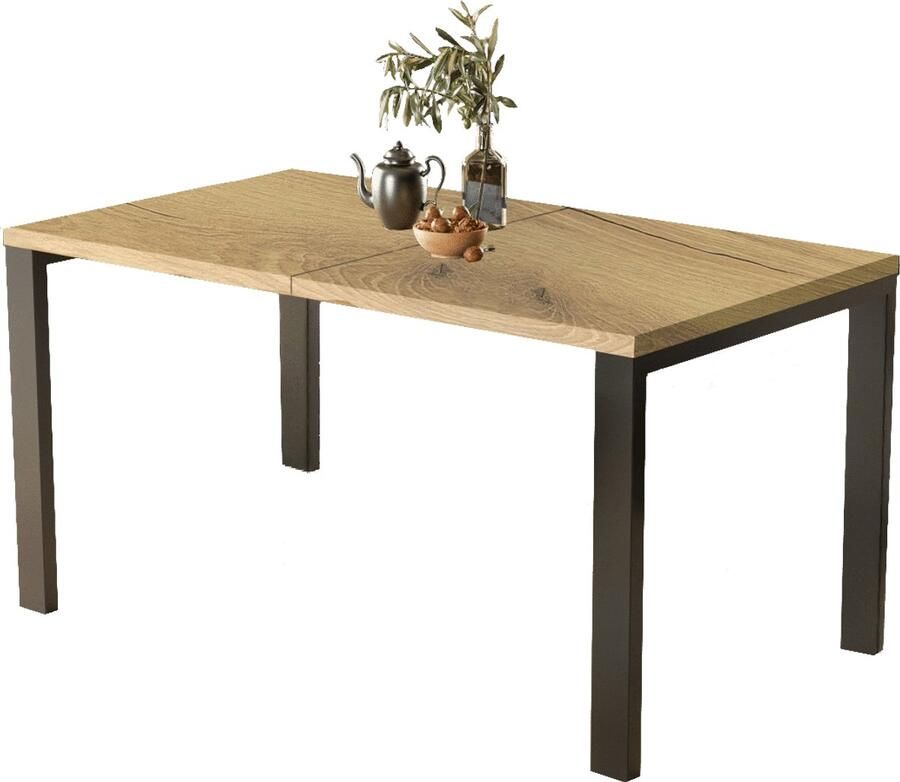 Ronde Uitschuifbare Eettafel Sonoma – Ø 100-138 cm – Hout met Fineer – Industrieel Design – 4 Personen – Metalen Onderstel – Eettafel Uitschuifbaar Rond – Ø 110 cm – Ronde Eettafel Hout – Keukentafel – 76 cm Hoog – Scandinavisch & Industrieel