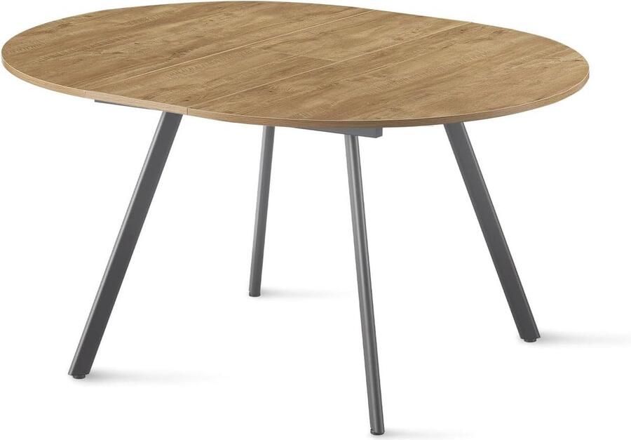 Ronde Uittrekbare Eettafel voor 4-6 Personen Industrieel Design met Houten Tafelblad en Metalen Frame Wilde Eiken Look