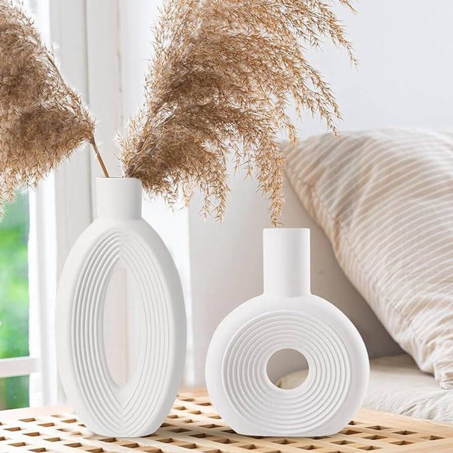 Ronde vaas ovaal gegraven rustiek huisdecoratie eenvoudige Scandinavische stijl Boheemse keramische vaas 2-delige set voor boekenkast open haard en entree decoratieve vaas (wit)