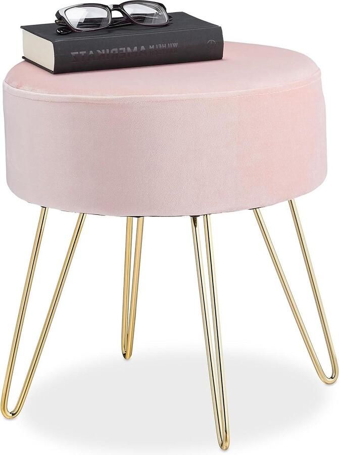 Ronde velvet poef met elegante hocker Goudekleurige poten Modern fluwelen kruk HxD 40 x 40 cm Roze Kruk