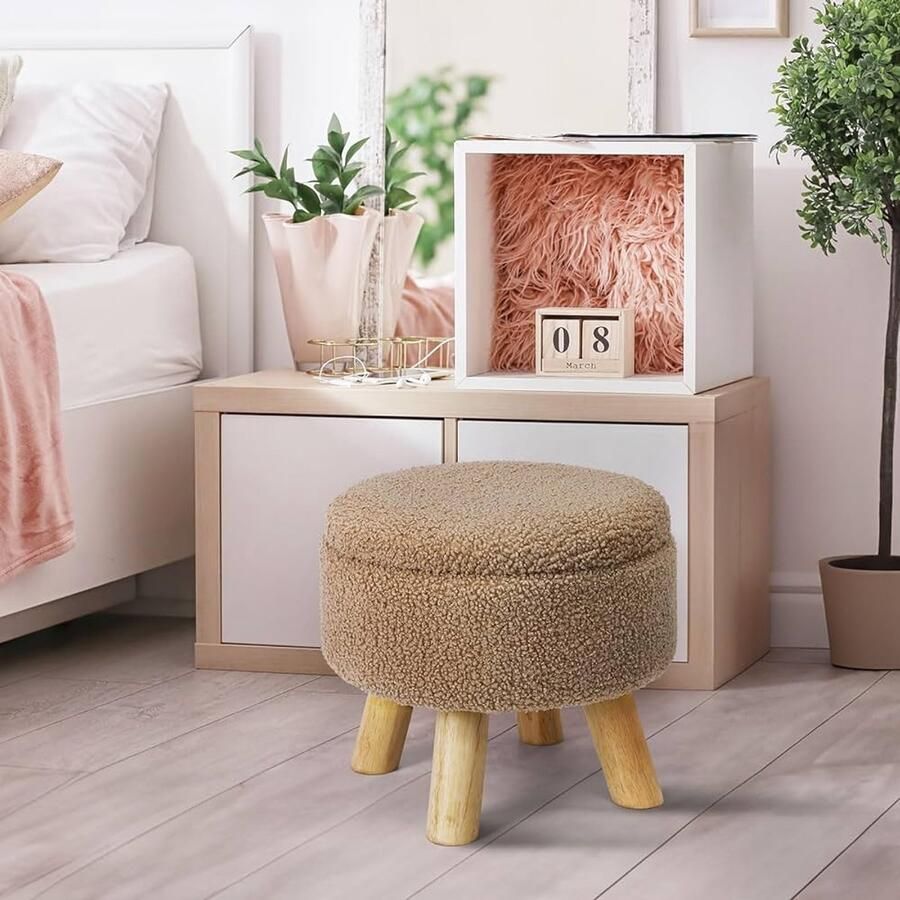 Ronde voetenbank met opbergruimte multifunctioneel 1 stuk teddyfluweel