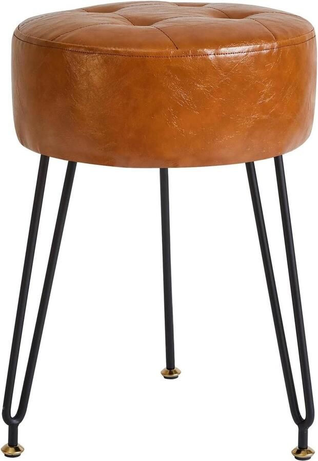 Ronde voetsteun kruk make-up ijdelheid kruk bijzettafel lichtbruin faux leder gouden stalen poten