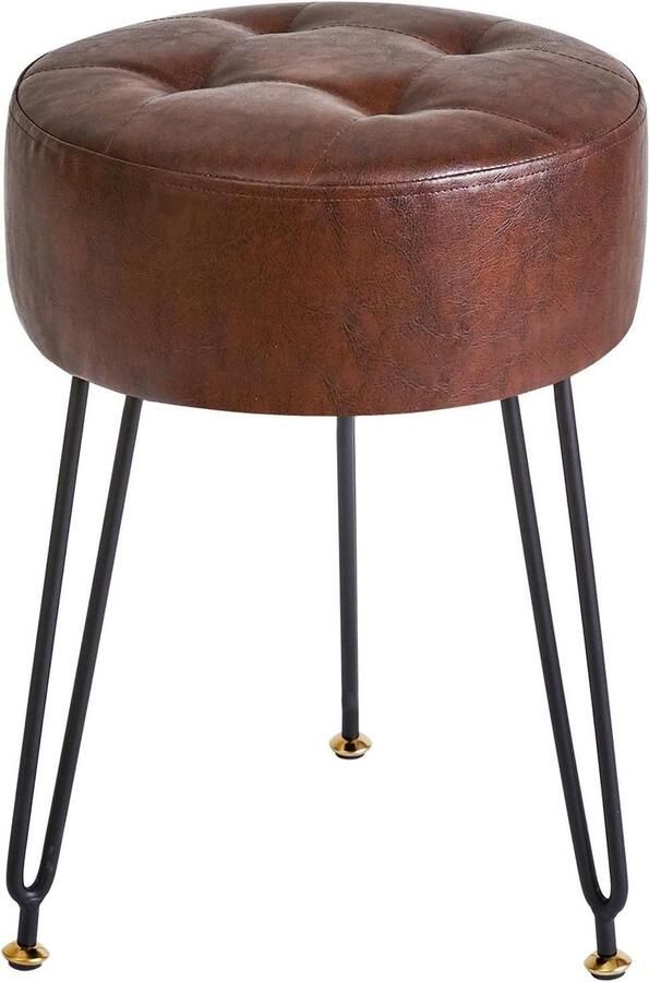 Ronde kruk van kunstleer Bijzettafel kaptafel commode PU-stoel bankkruk Verguld stalen poten Donkerbruin