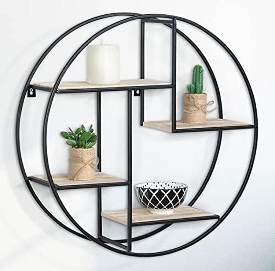 Ronde wandplank Lily 4 niveaus hout en metaal dik industrieel design