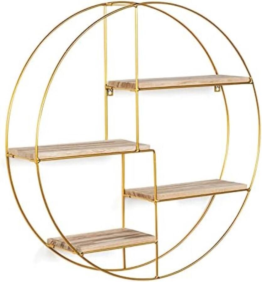 Ronde wandplank Lily 4 niveaus hout en verguld metaal industrieel design