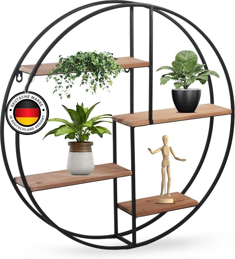 Ronde Wandplank van Metaal met Houten Niveaus – 60 cm