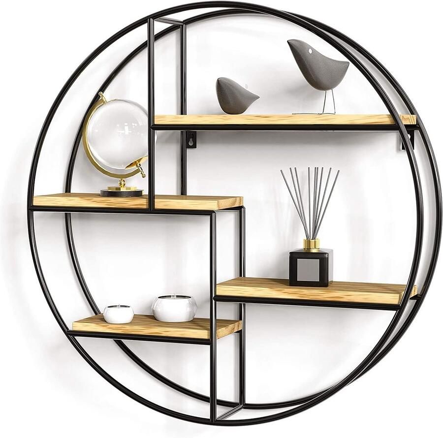 Ronde Wandstelling met 4 Etages Houten en Metalen Wandrek Gelast Extra Dik Wanddecoratie voor Woonkamer Industriële Stijl Zwart Ø 42 x 10 cm Stijlvolle Ronde 4-Laags Wandstelling Hout en Metaal Gelast Extra Stevig Wanddecoratie voor Woonka