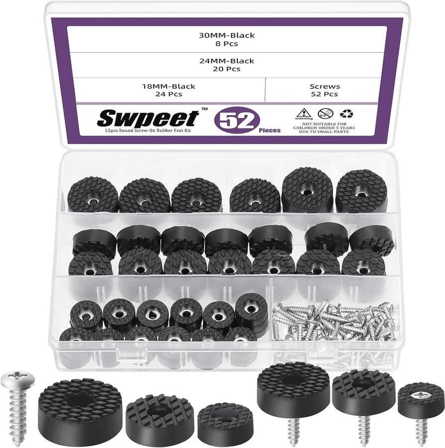 Ronde zwarte meubelpads met schroeven 52 sets in 3 maten (18mm 24mm 30mm) voor meubelbescherming