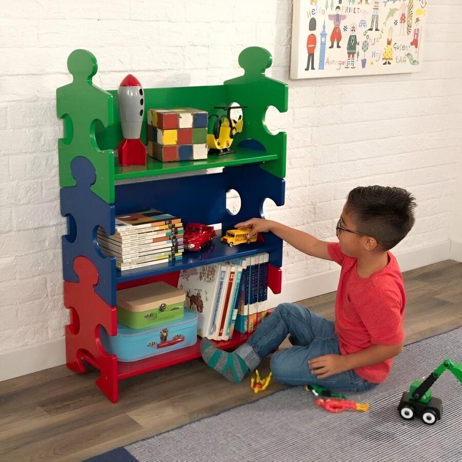 Rood-groen-blauwe puzzelboekenkast voor kinderen meubilair voor kinderkamer boekenkast met 3 planken
