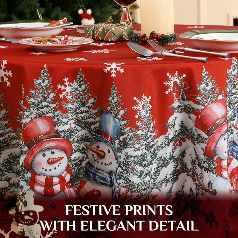 Rood tafelkleed met sneeuwpop vuilafstotend 1 stuk polyester 200 cm