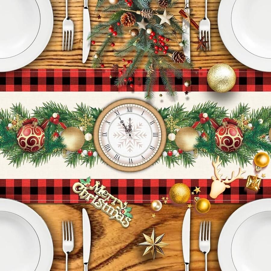 Rood zwart geruite tafelloper met bessenkrans 1 stuk linnen 40 x 180 cm