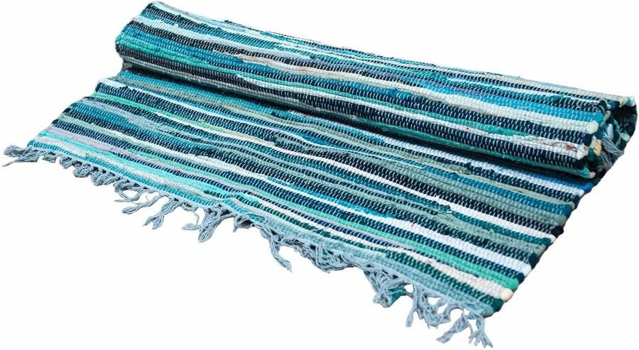 Indiase Recyclagetapijt – 150x200cm – premium kwaliteit – Aqua Blauw Gemaakt van gerecycleerde textielresten. Authentiek Duurzaam en Stijlvol