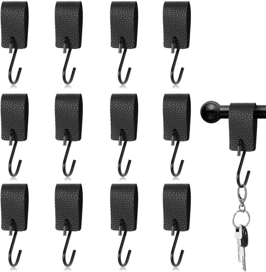 ROOMHUAWAY 4 stuks zwarte S-haken met leren lus haken om op te hangen kledingroede kapstokhaken ophanghaken leren slagershaken