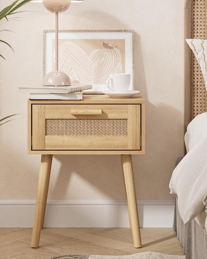 Rotan bijzettafel met lade Nachtkastje houten poten Slaapkamer woonkamer Natuurlijk eiken geel Nachtkastje