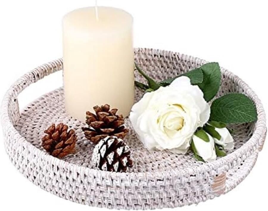 Rotan Dienblad 25 cm Decoratieve Display Lade Tafel Opberglade met Handvat Desktop Organizer Lade voor Servies Make-up Vanity Sieraden Kaars Ornament Whitewash