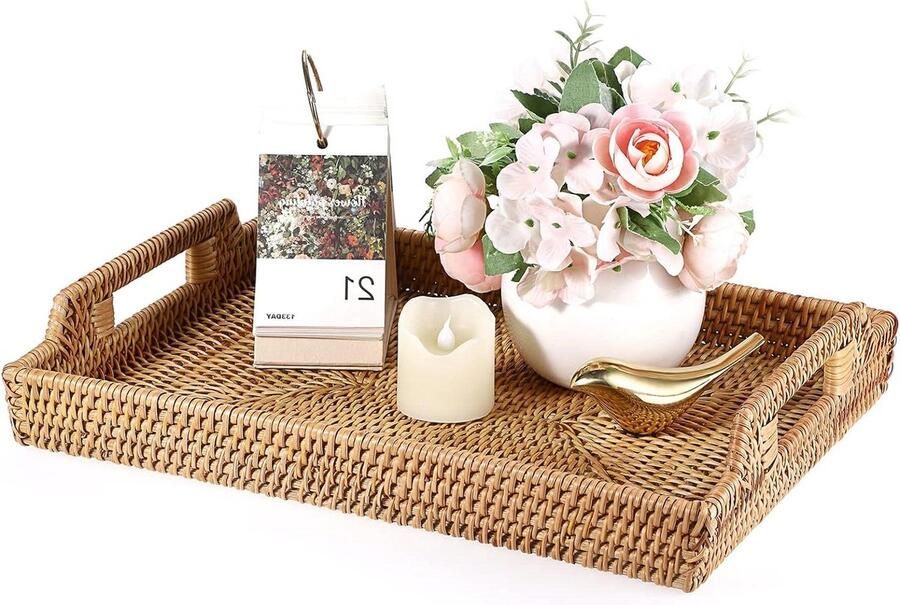 Rotan dienblad voor thuis badkamer gastendoekje Decoratief displaydienblad Woven tafelopbergbak met handvat Tafel organizer voor servies keuken ornament 37 x 27 cm natuurlijk