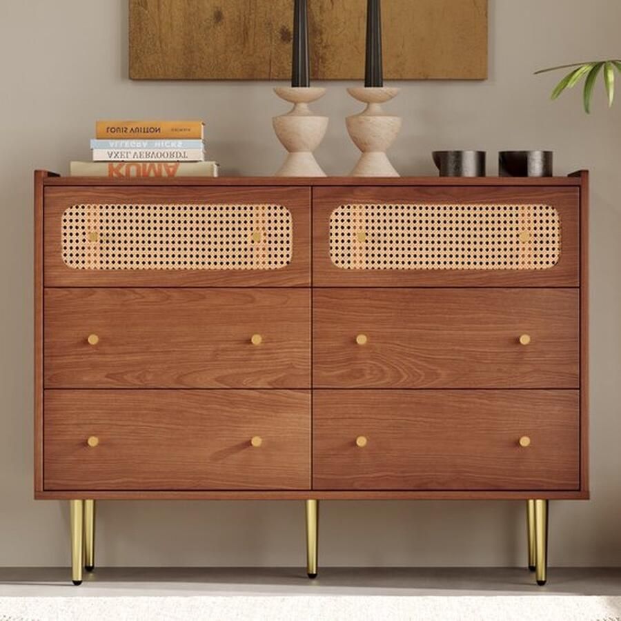 Rotan dressoir highboard voor slaapkamer Lade commode met 6 lades alle woonruimtes walnoot -H90 B120 T40 cm