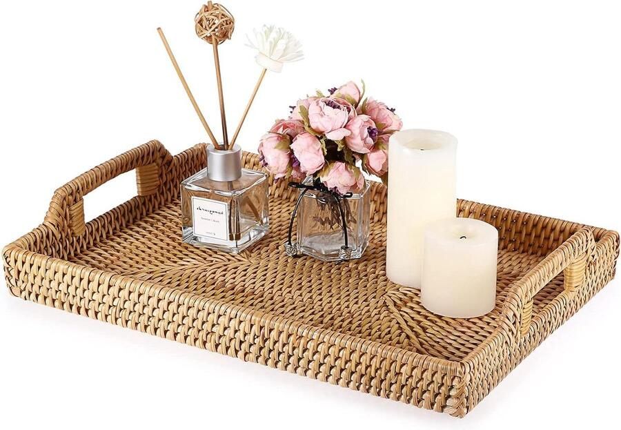 Rotan Geweven Rechthoekig Dienblad Decoratieve Display Lade Opbergschalen met Handvat Tafel Desktop Organizer Lade voor Koffie Drank Ontbijt Thee Kaars 34 x 24 cm