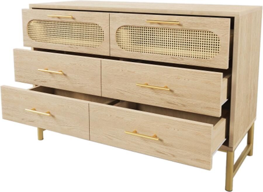 GOTAGEE Rotan ladekast met 6 laden kast voor woonkamer en slaapkamer metalen handgrepen anti-kantelbeveiliging 120 x 40 x 74 cm