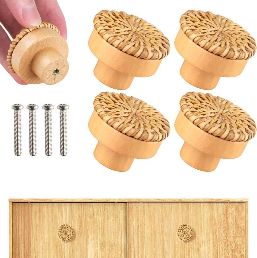 Rotan meubelknoppen 4 stuks Houten deurladegrepen Kastknoppen Stijlvolle handgrepen voor meubels Voor kasten commodes en laden Natuurlijke uitstraling