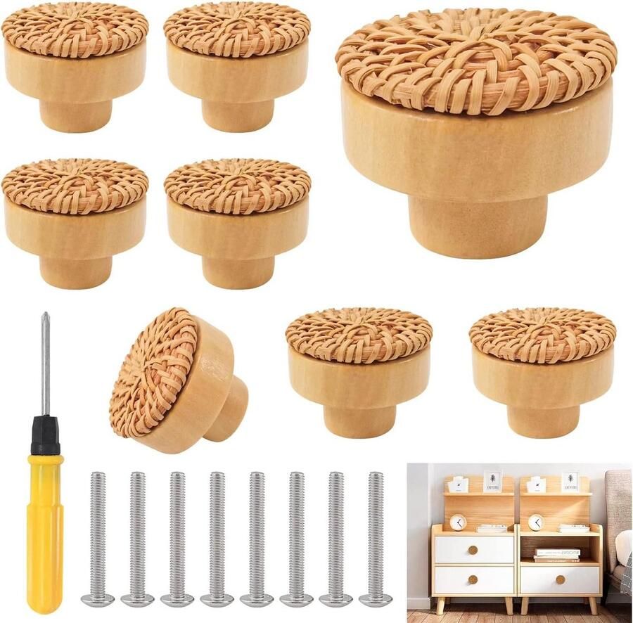 Rotan meubelknoppen 8 stuks kastknoppen voor boho decoratie houten commodeknoppen ladeknoppen voor vintage kast keukenkast handgrepen kastknoppen kinderkamer
