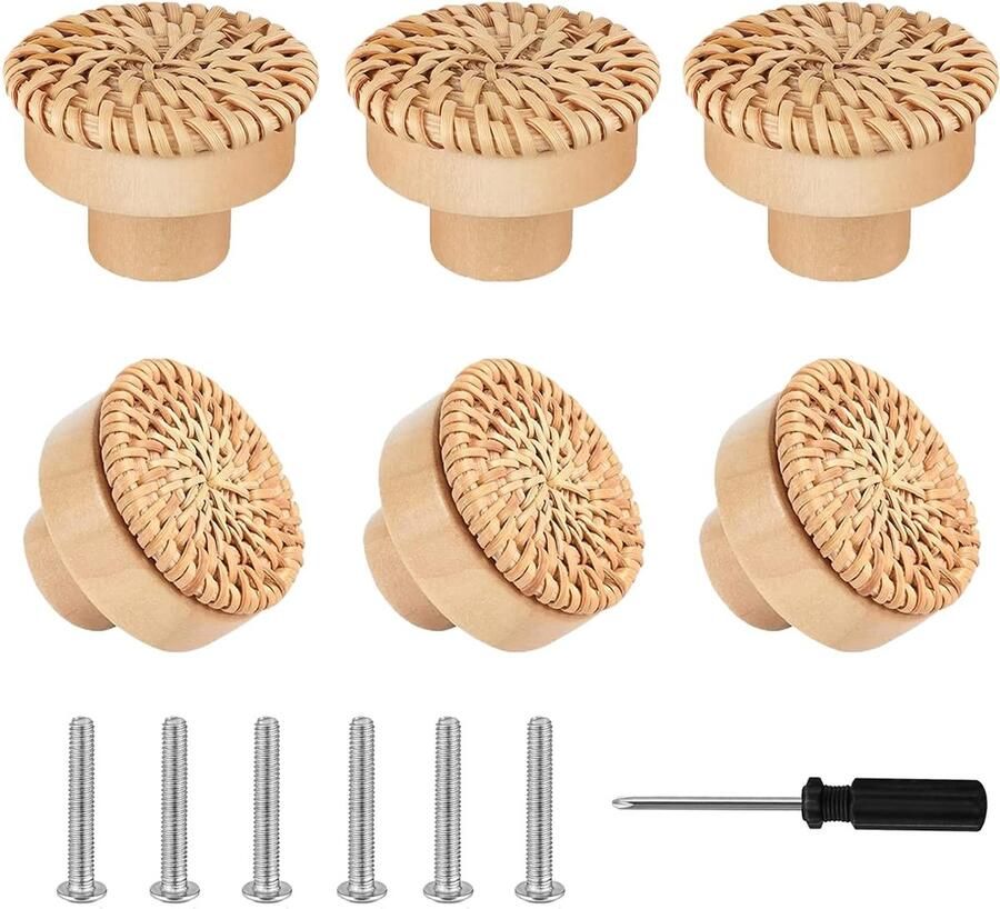 Rotan meubelknoppen Boho decoratief set van 6