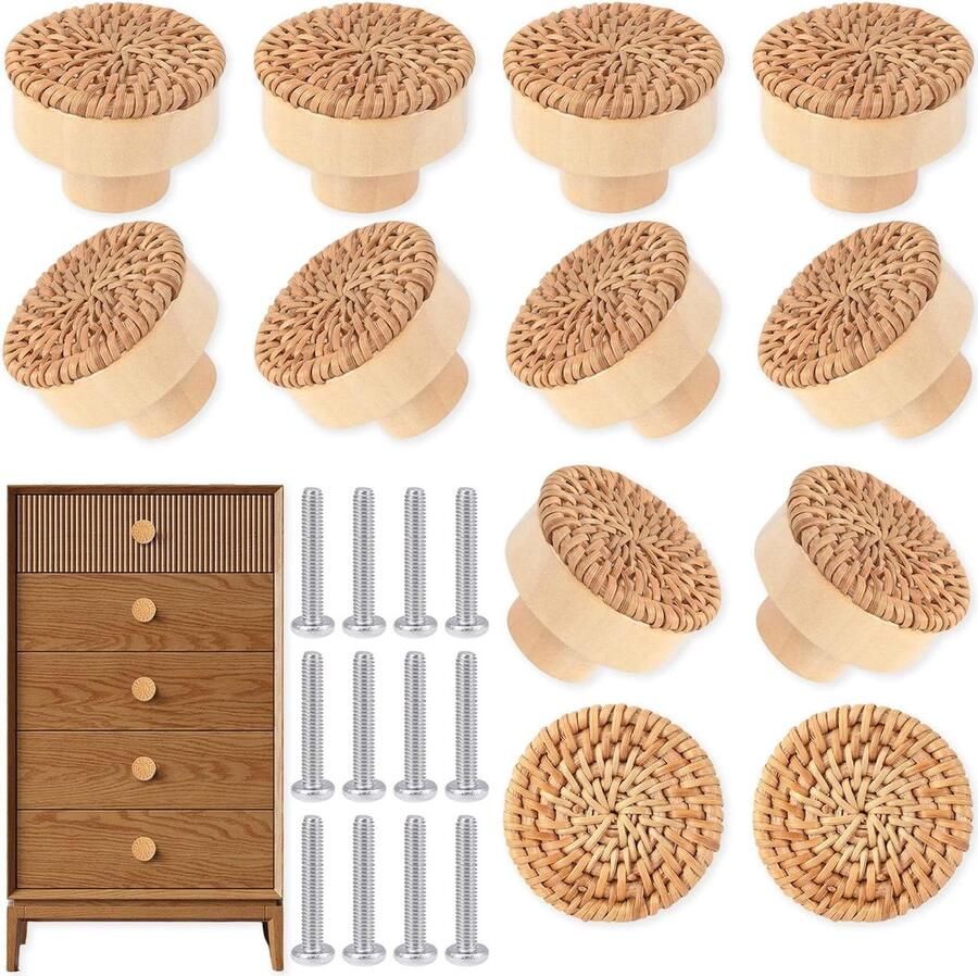 Rotan meubelknoppen decoratie voor kasten 12 stuks vintage uitstraling