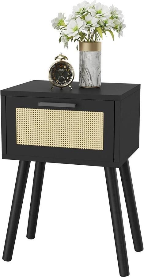 Rotan nachtkastje boho-stijl 1 stuk zwart massief hout 35 x 40 x 56 cm