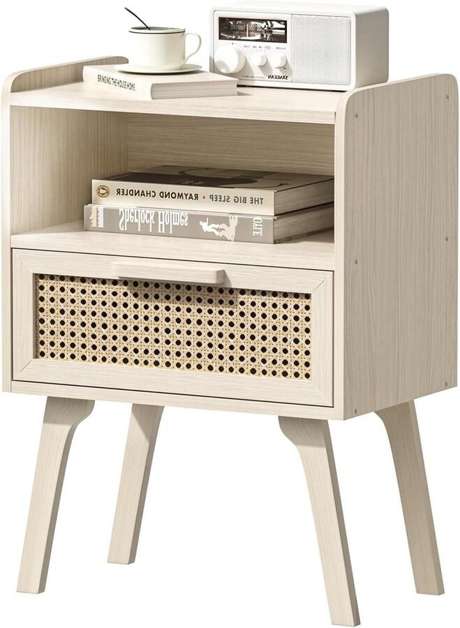 Rotan Nachtkastje – Kleine Houten Tafel met Lade en Open Vak Lichtgrijs Met Massief Houten Poten Ideaal als Bedtafel of Sofa Bijzettafel