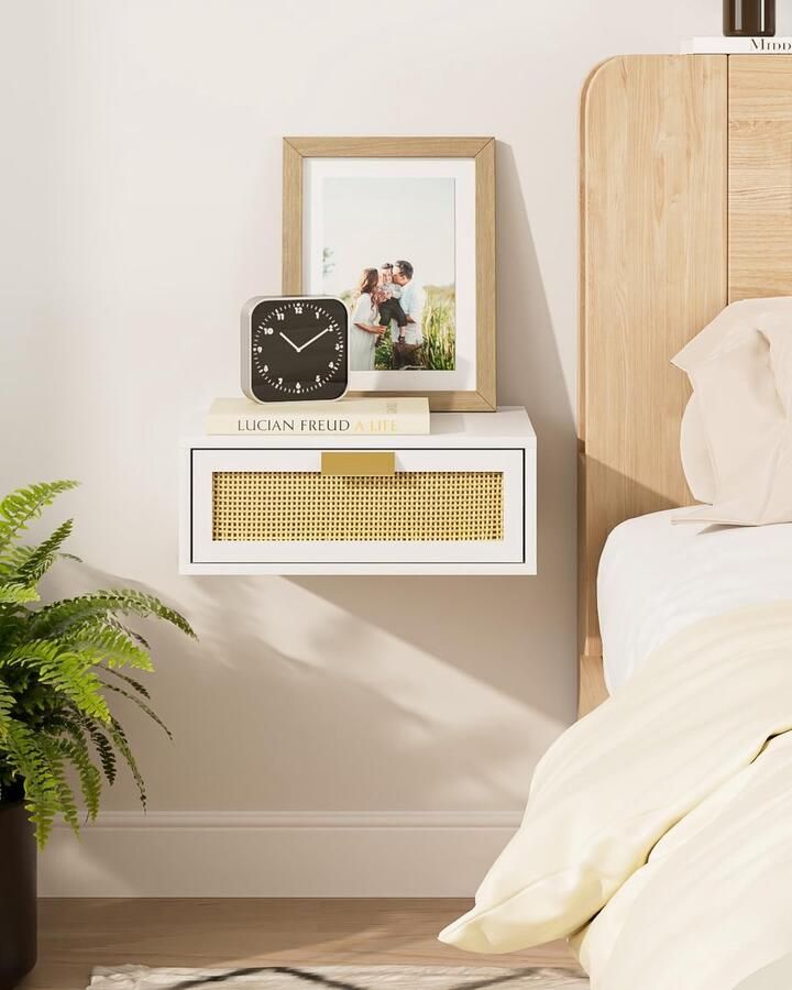 Rotan Nachtkastje Ladekast voor Slaapkamer Kleine Bijzettafel met Lade Nachtkastje Bijzettafel met Gouden Frame voor Slaapkamer Woonkamer Wit (Wit-4)