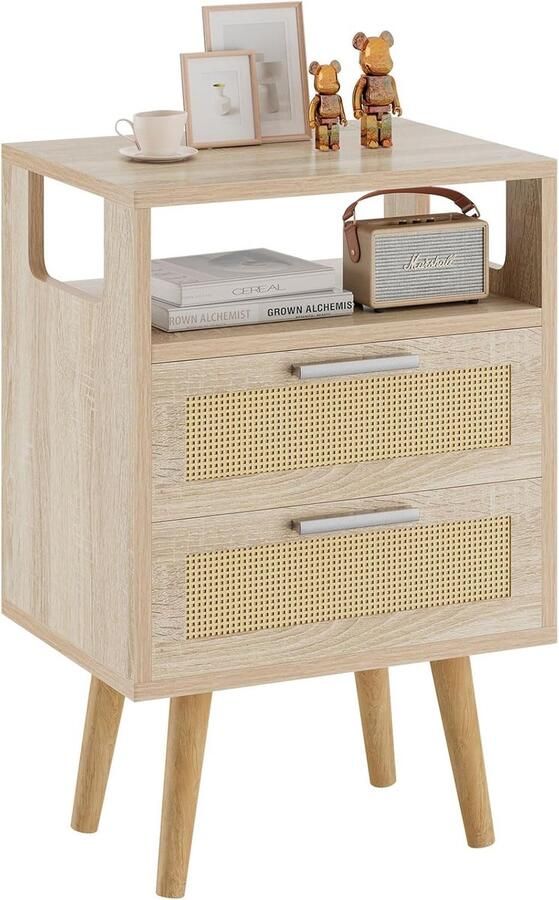 Rotan nachtkastje met 2 lades bijzettafel boho nachtkastje open plank massief houten poten salontafel voor woonkamer kantoor slaapkamer natuurlijke kleuren