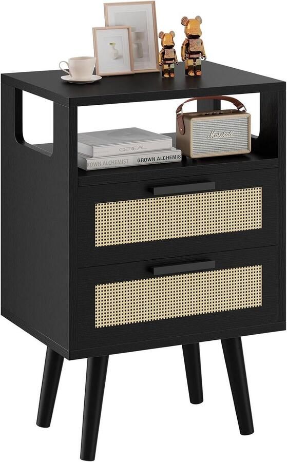Rotan nachtkastje met 2 lades bijzettafel boho nachtkastje open plank massief houten poten salontafel voor woonkamer kantoor slaapkamer zwart