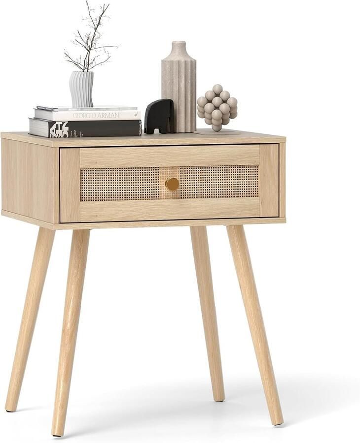 Rotan Nachtkastje met Lade en Massief Houten Poten Boho Bijzettafel Sofa Tafel voor Woonkamer & Slaapkamer Naturel 48×40×58 cm