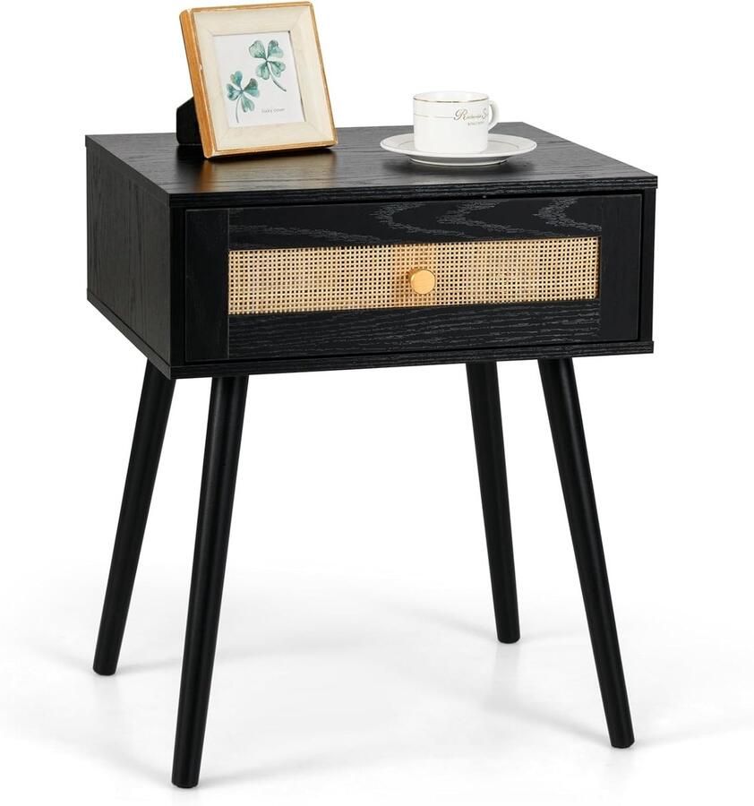 Rotan Nachtkastje met Lade en Massief Houten Poten Boho Bijzettafel Sofa Tafel voor Woonkamer of Slaapkamer 48×40×58 cm