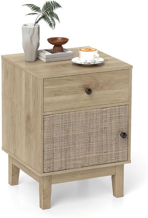 Rotan nachtkastje – Mid-century modern met opberglade en kast – Zwart & bruin natuurlijk