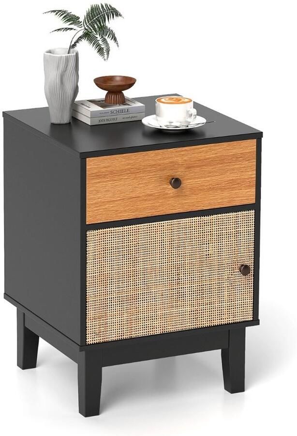 Rotan nachtkastje – Mid-century modern stijl met lade en kast – Zwart & bruin natuurlijk