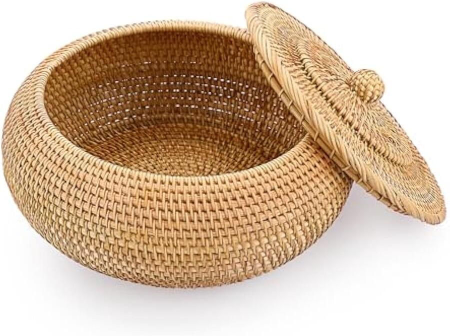 Rotan opbergmand met deksel tafel decoratieve opbergmanden voor plank en desktop geweven keuken fruit brood mand eierhouder kom (groot)
