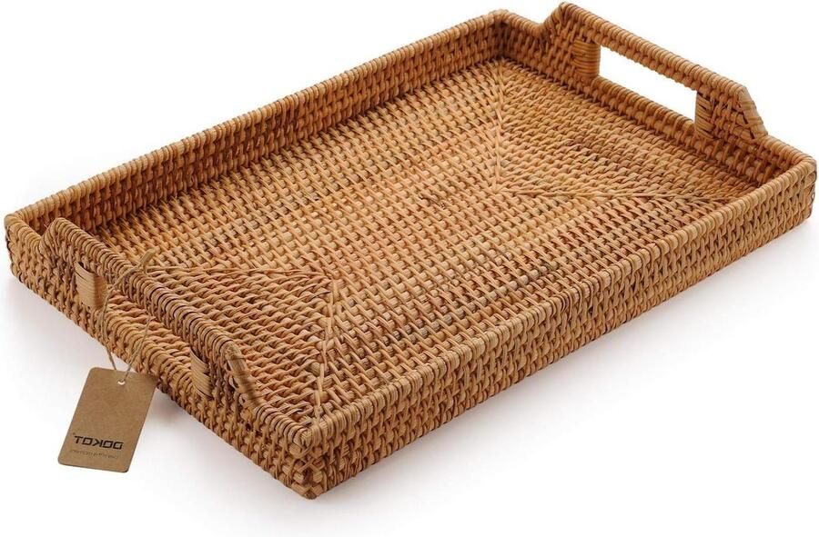 Rotan Rechthoekig Dienblad Met Handgrepen Ontbijt Drankjes Snack Salontafel Natuurlijk 37x26x3.5cm