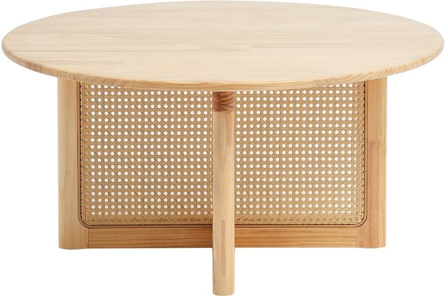 Rotan Salontafel 33-inch Ronde Geweven Houten Tafel met Rubberwood Tafelblad Moderne Ronde Boho Opbergtafel voor Woonkamer en Slaapkamer
