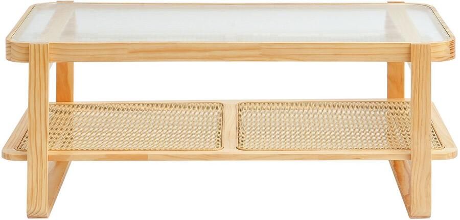 Rotan Salontafel 45 inch Rechthoekig Geweven Hout met Gehard Glazen Blad Moderne Boho Opbergtafel Poten van Natuurlijk Hout voor in de Woonkamer
