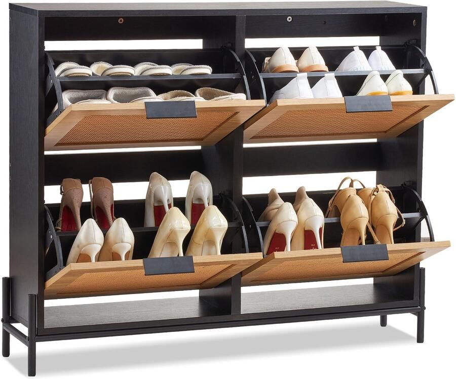 Rotan Schoenenkast 4 Opvouwbare Laden Smal voor de Entree Lichtgekleurd Hout