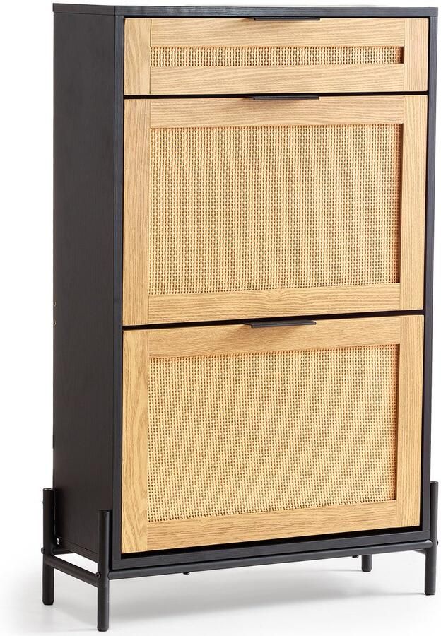 Rotan Schoenenkast Smalle Opbergkast met 2 Rotan Vouwladen en 1 Lade Metalen Poten Smalle Instapkast Zwart